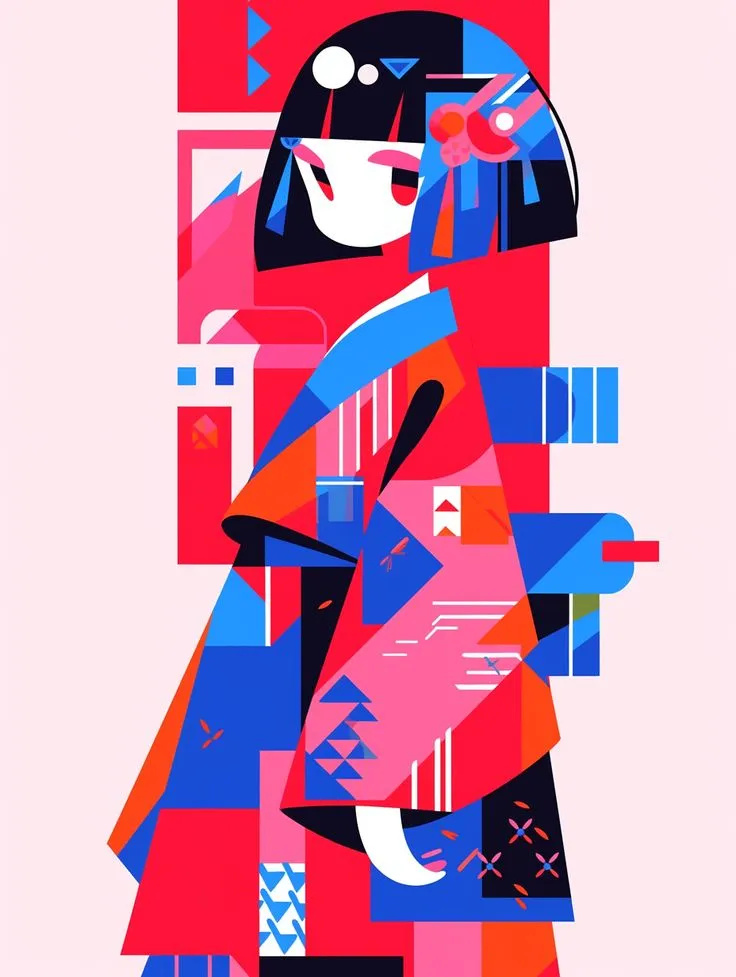 a woman in red and blue abstract art