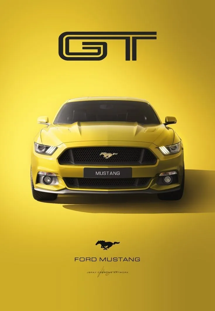 the front end of a yellow ford mustang