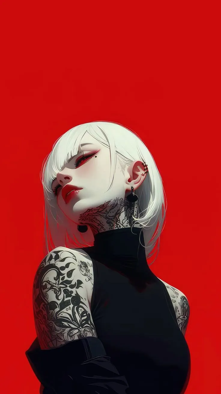 a woman with white hair and tattoos on her chest, wearing black dress against a red background