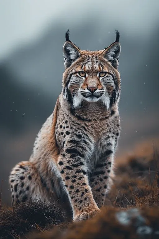 a close up of a cat on a hill with fog in the sky behind it
