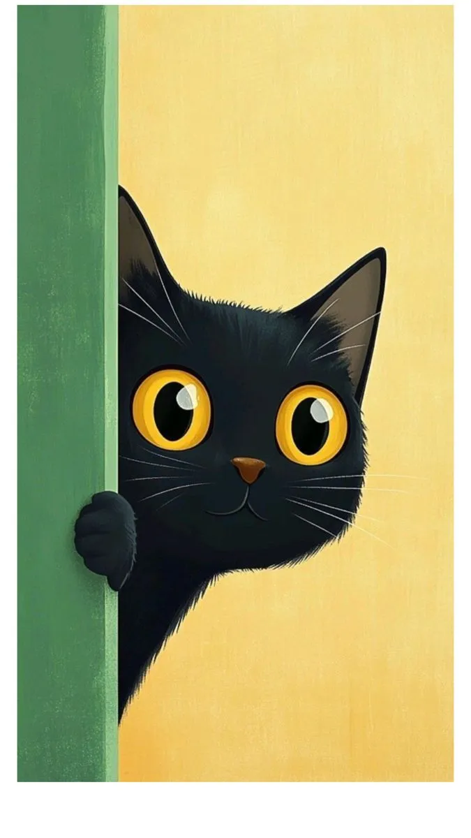 a painting of a black cat peeking out from behind a green wall with yellow eyes