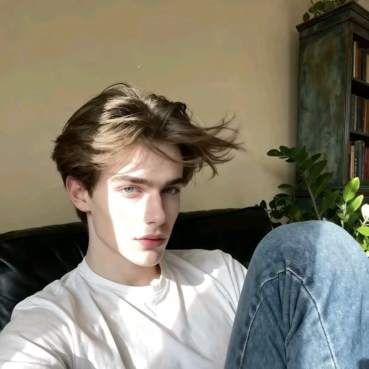 a young man sitting on top of a black leather couch next to a plant and bookshelf