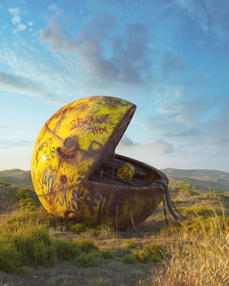 a large yellow object sitting on top of a lush green field