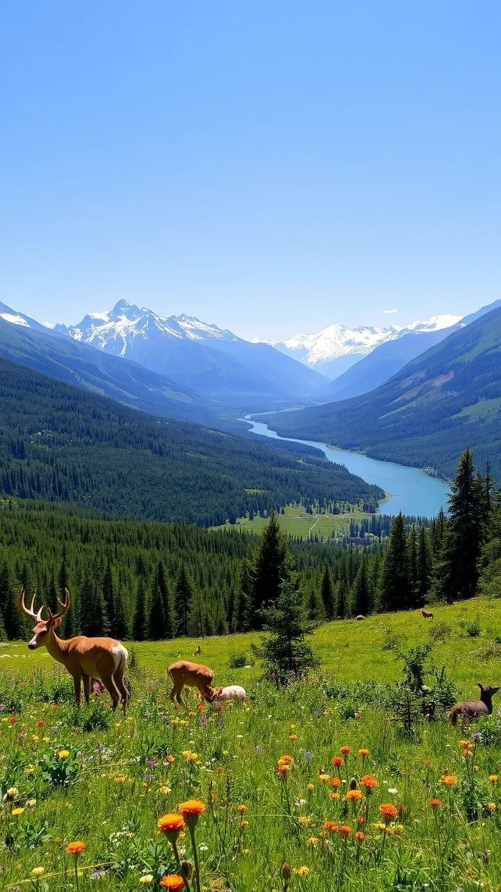 some animals that are in the grass near trees and water with mountains in the background