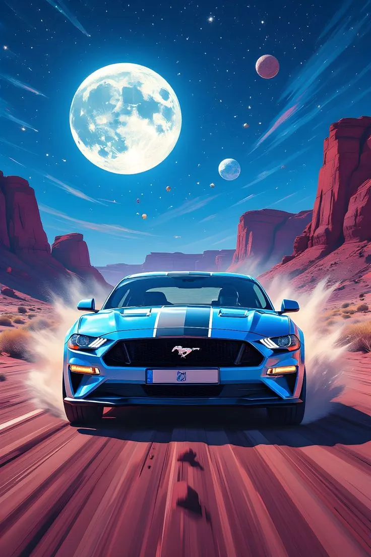 a blue car driving down a desert road under a full moon