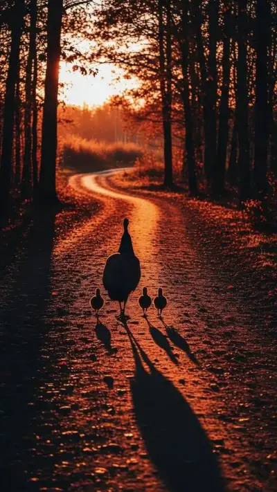 a flock of birds walking down a road next to tall trees at sunset with the sun setting behind them