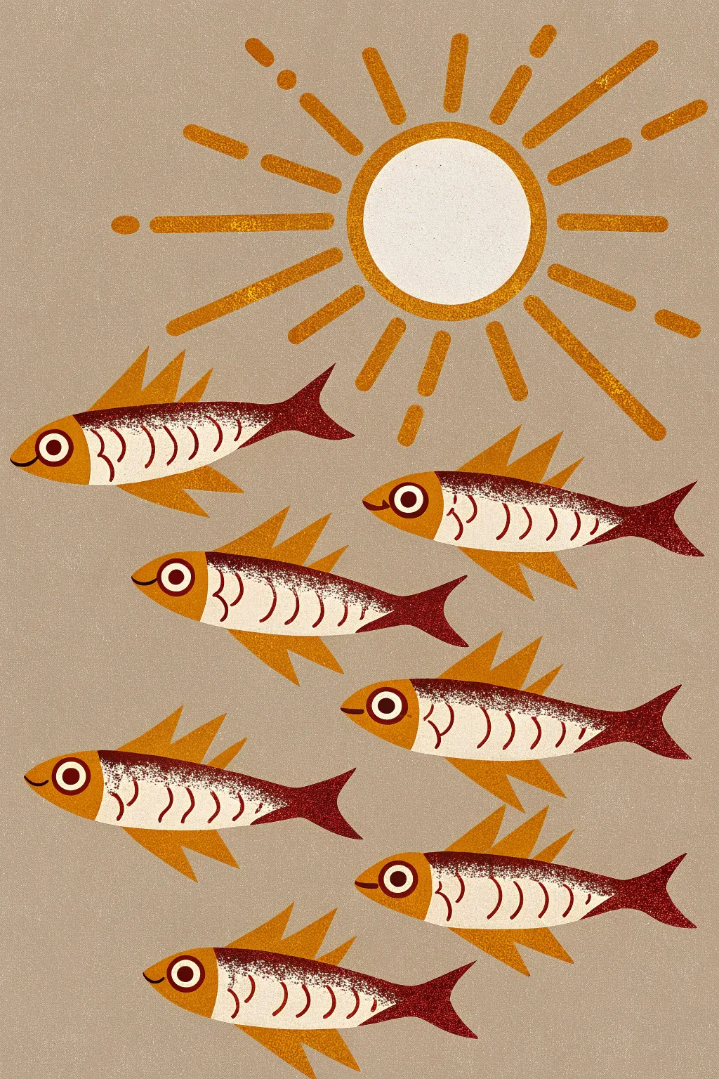 a shoal of sardines organized with sun background