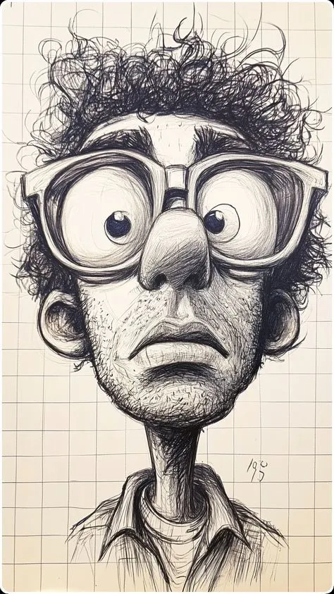 a drawing of a man with glasses on his face and curly hair, staring at the camera