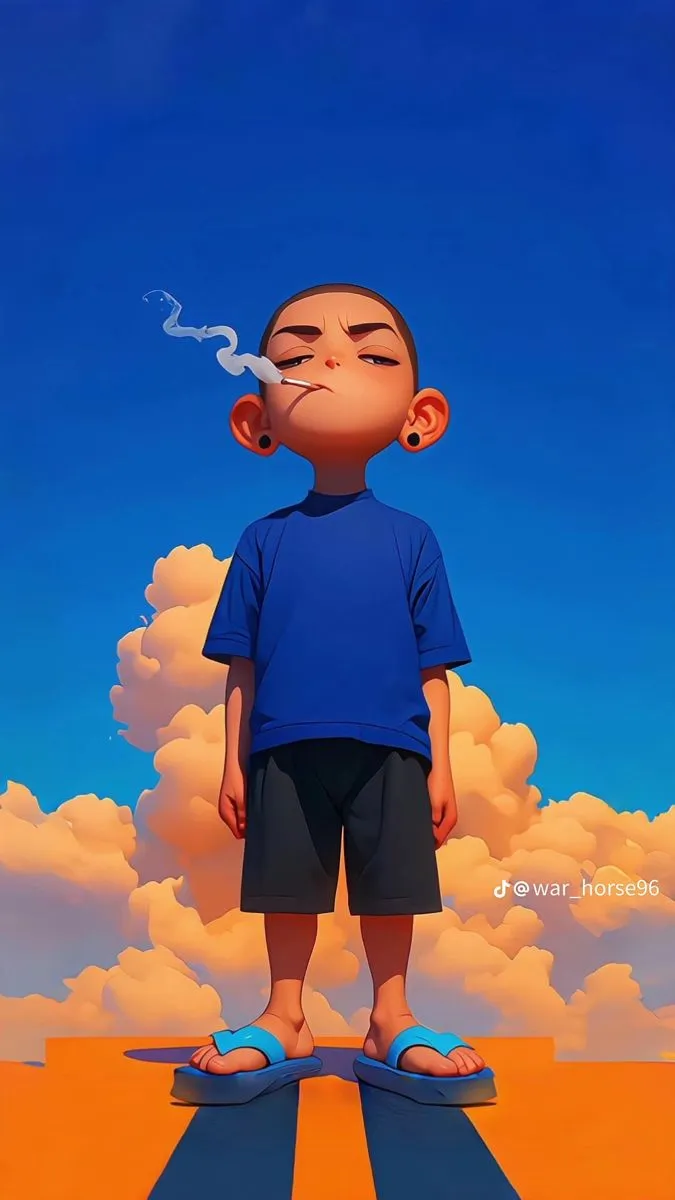 a painting of a boy standing on top of a skateboard with his eyes closed