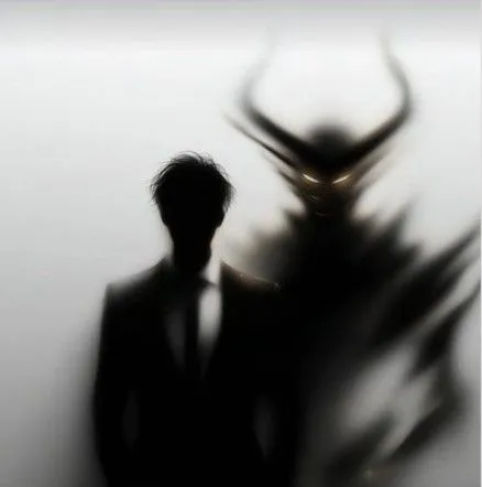 a blurry image of a man in a suit and tie standing next to an animal