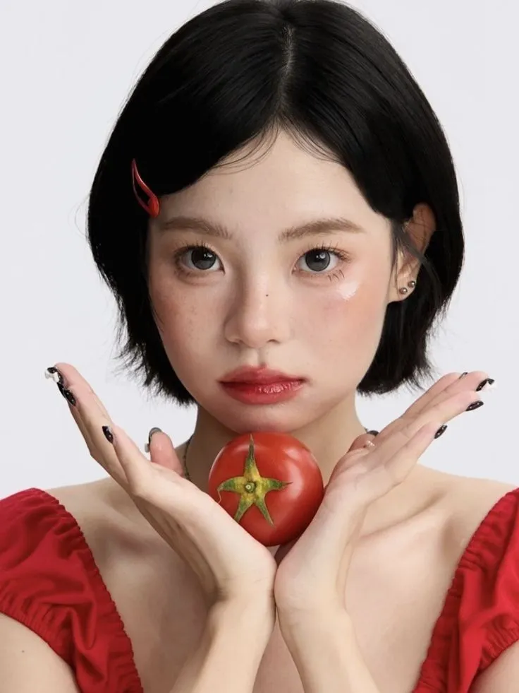 a woman holding a tomato in her hands