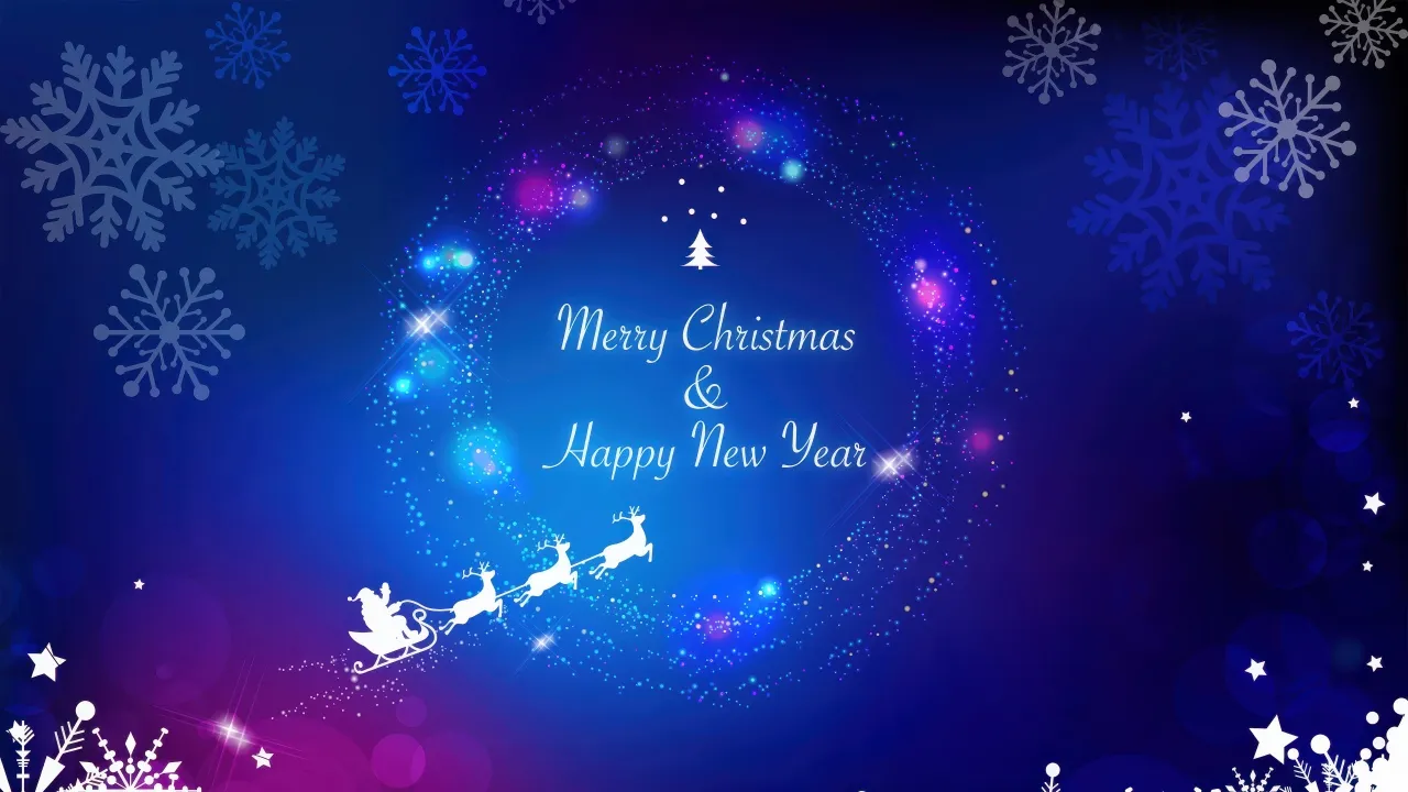 Merry Christmas, Sparkling, Happy New Year, Santa Claus chariot, Snowflakes, Blue background