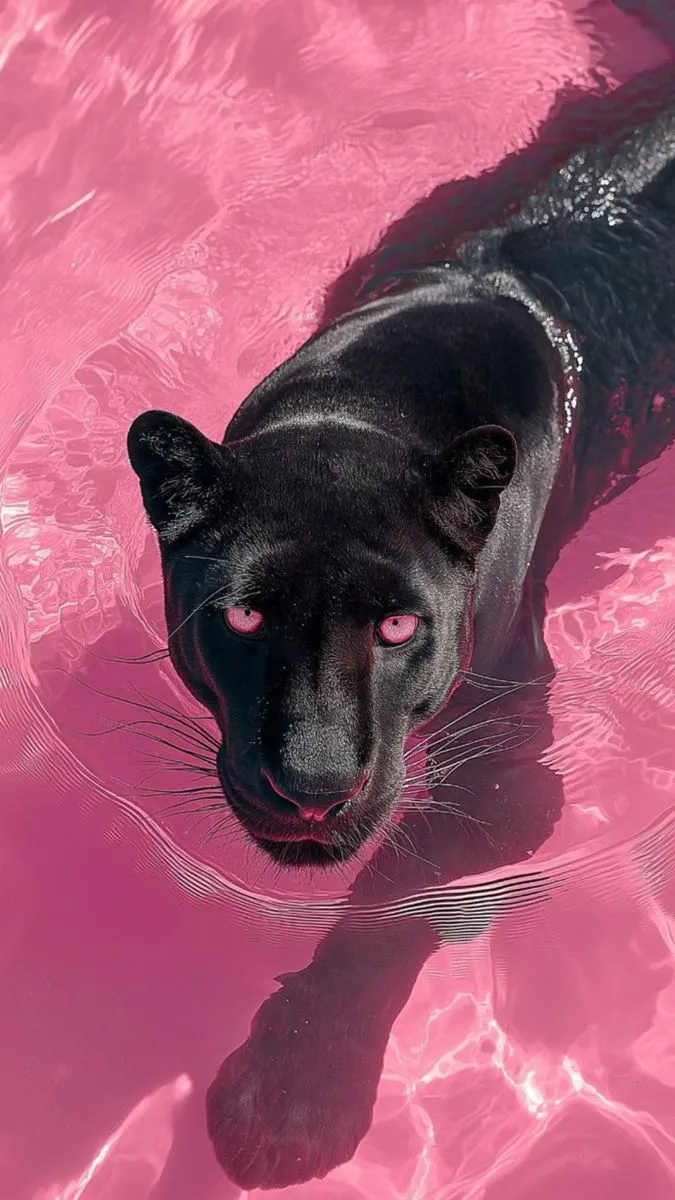 a black cat with pink eyes standing in the water