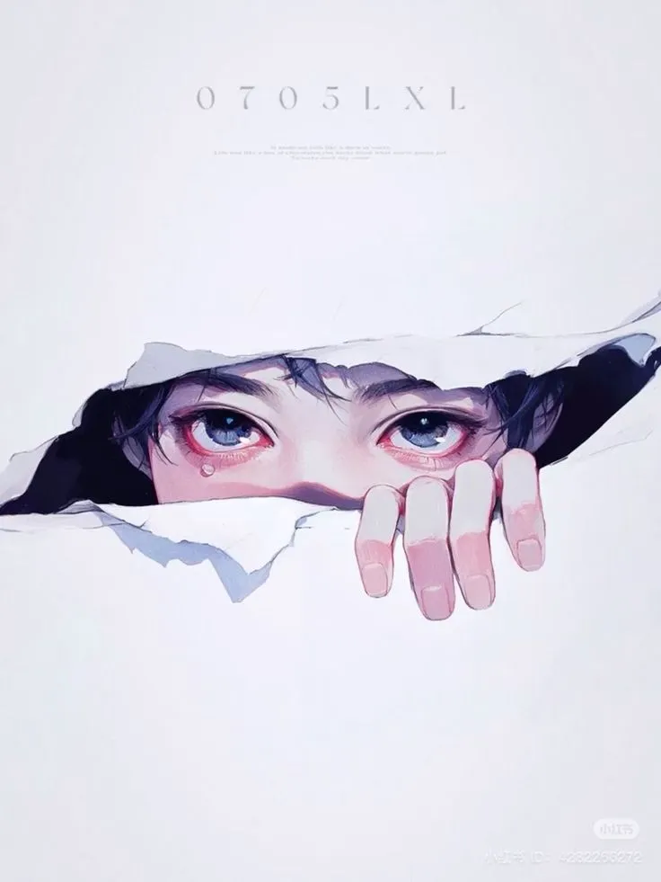 a woman's face peeks through a torn piece of paper with her hand