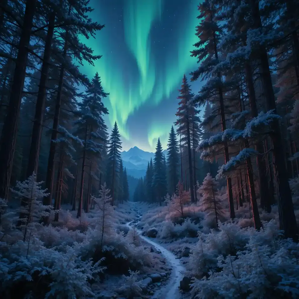 the most magical forest with the northern lights