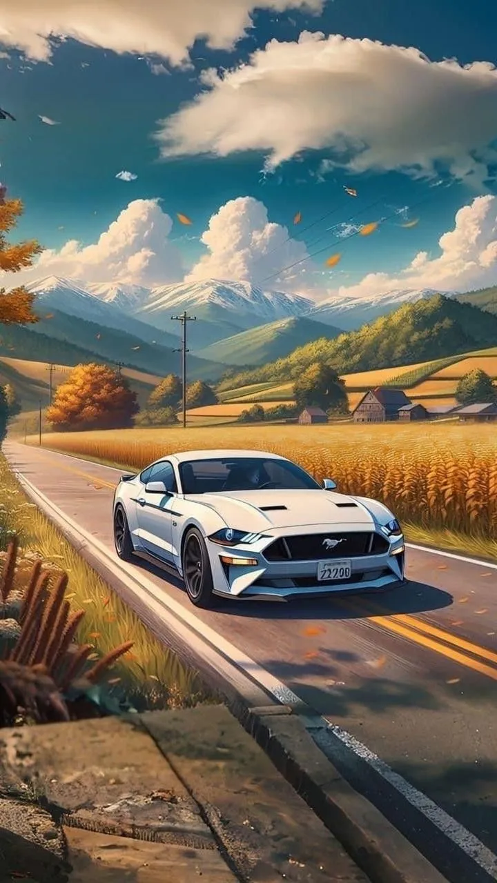 a painting of a car driving down a country road in front of a cornfield