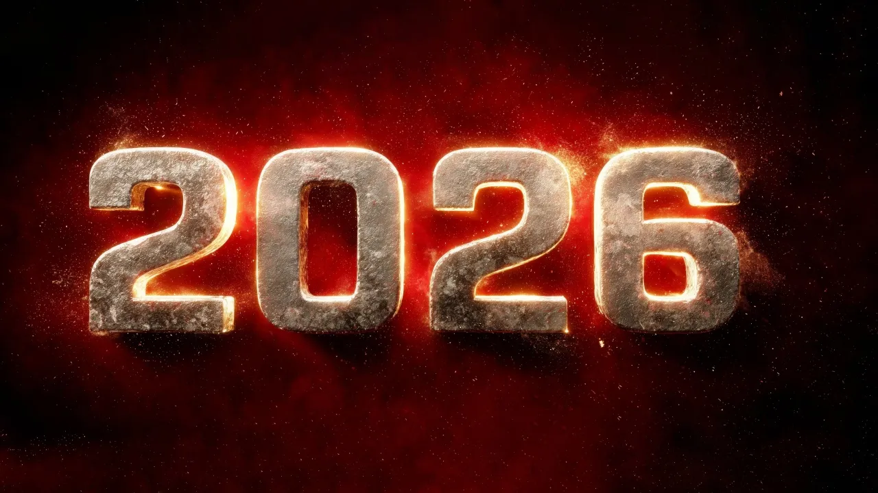 2026 New Year, 3D text, Dark red, Golden text, 5K, Red background