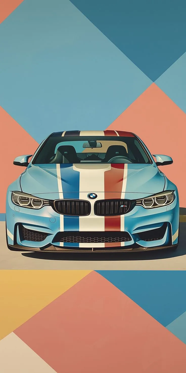 a painting of a blue sports car with red, white and blue stripes on it