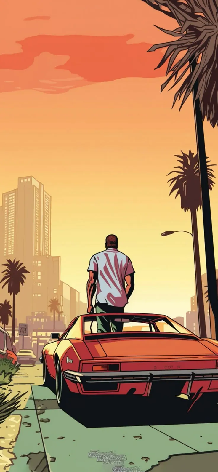 a man standing on top of a red car in front of a palm tree filled city