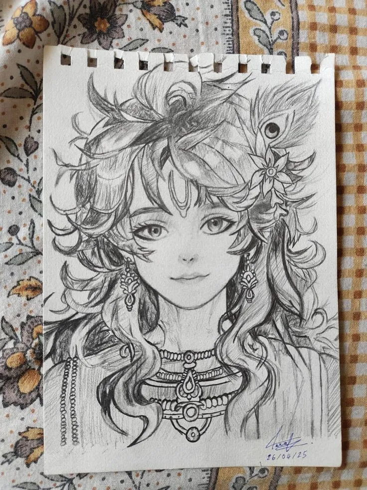a drawing of a girl with long hair and flowers in her hair, on top of a