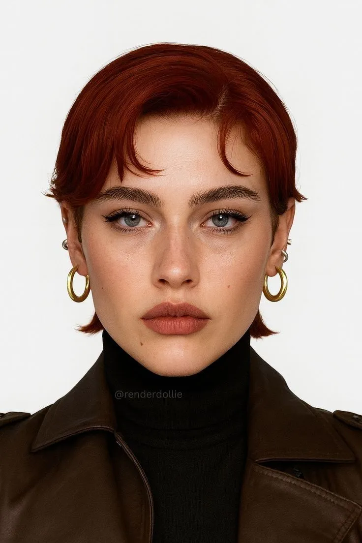a woman with red hair and large gold hoop earrings on her head, wearing a brown leather jacket