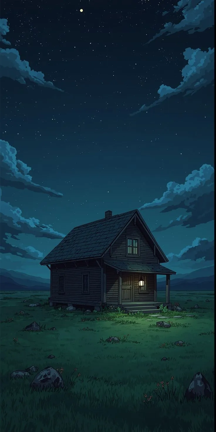 a house sitting on top of a lush green field under a night sky