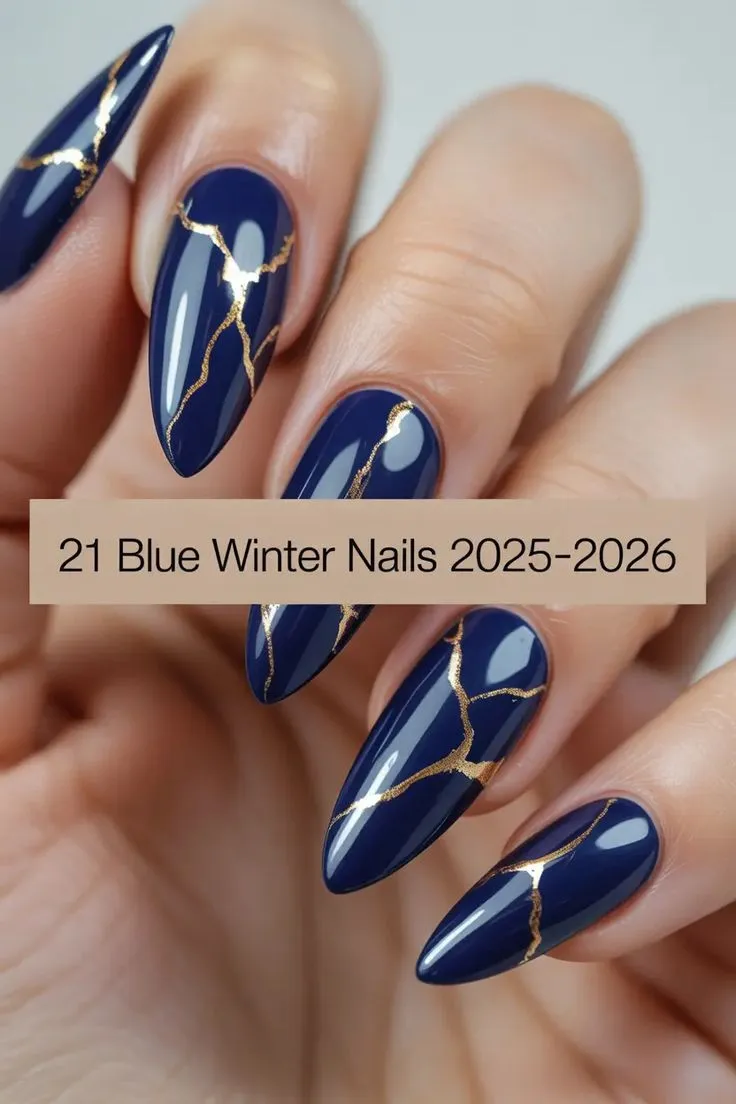 Cute Blue Winter Nails 2025–2026 inspo with icy snowflakes and soft almond shapes