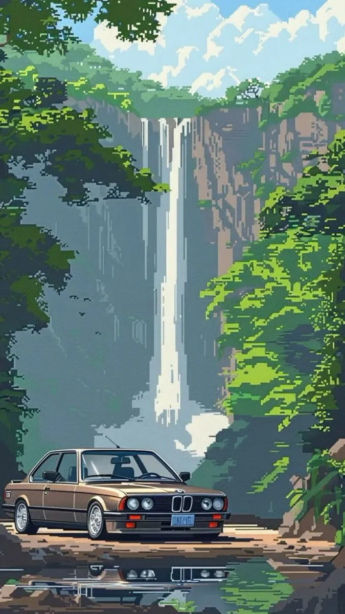 a painting of a car parked in front of a waterfall with a man standing next to it