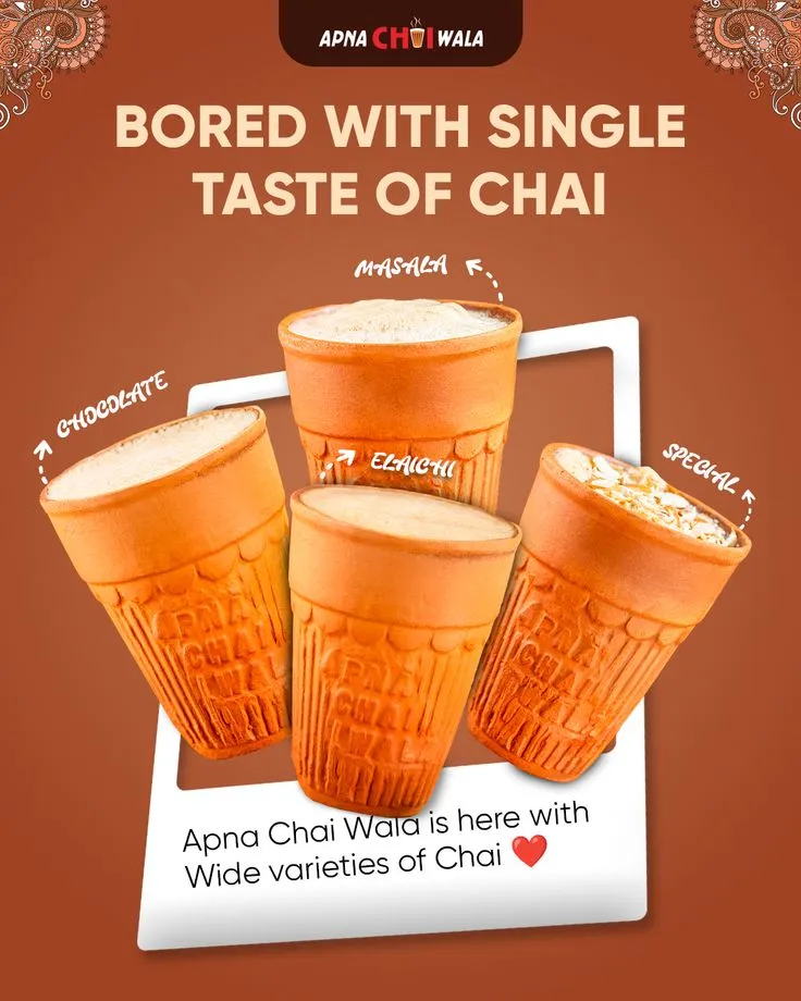 Discover a world of flavors with Apna Chai Wala's wide variety of chai options, including Chocolate, Masala, Elaichi, and Special blends!