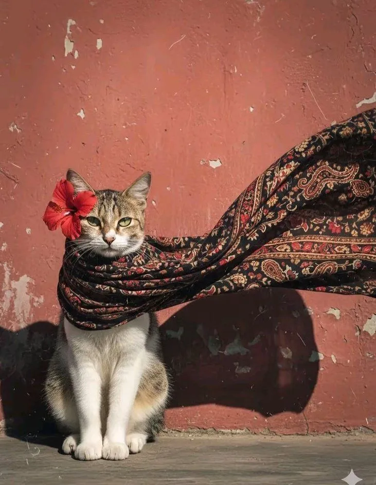a cat sitting on the ground with a scarf around its neck