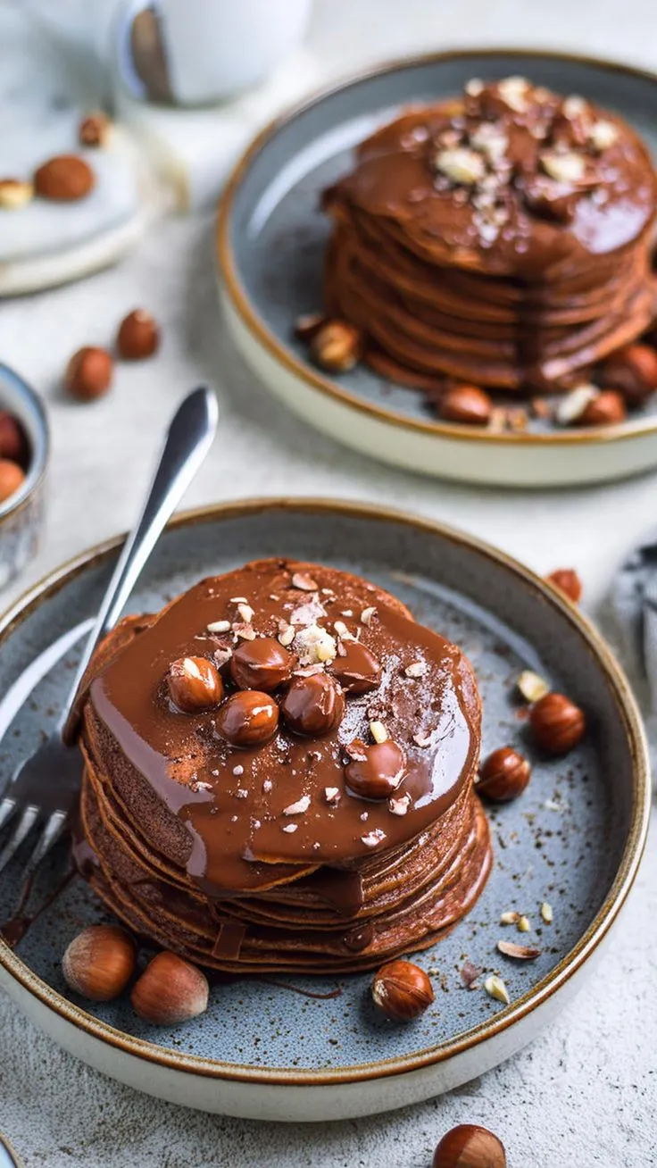 Vegan Chocolate Hazelnut Pancakes with Chocolate Ganache | Thick, Fluffy, and Gluten-Free Recipe