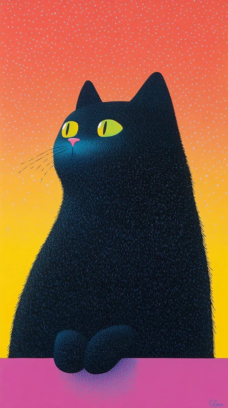 a painting of a black cat with yellow eyes