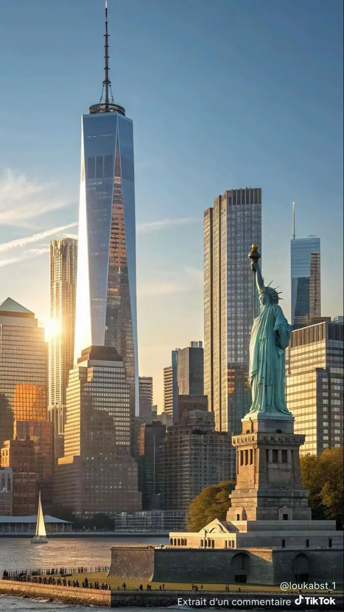 the statue of liberty in new york city, ny at sunset with skyscrapers behind it