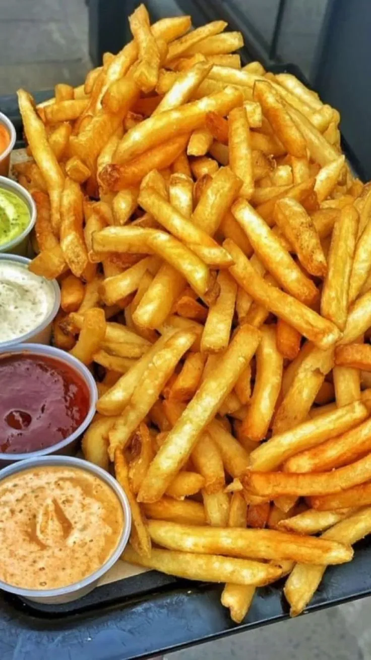 french fries, dips and sauces on a tray