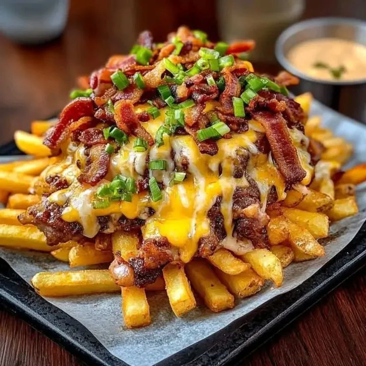 a plate topped with french fries covered in cheese and bacon
