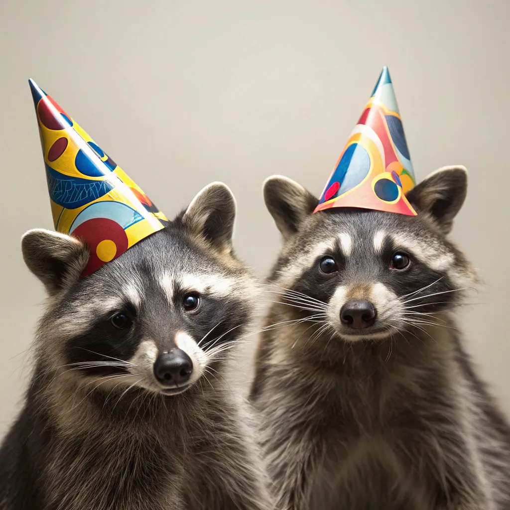two raccoons wearing Birthday party hats