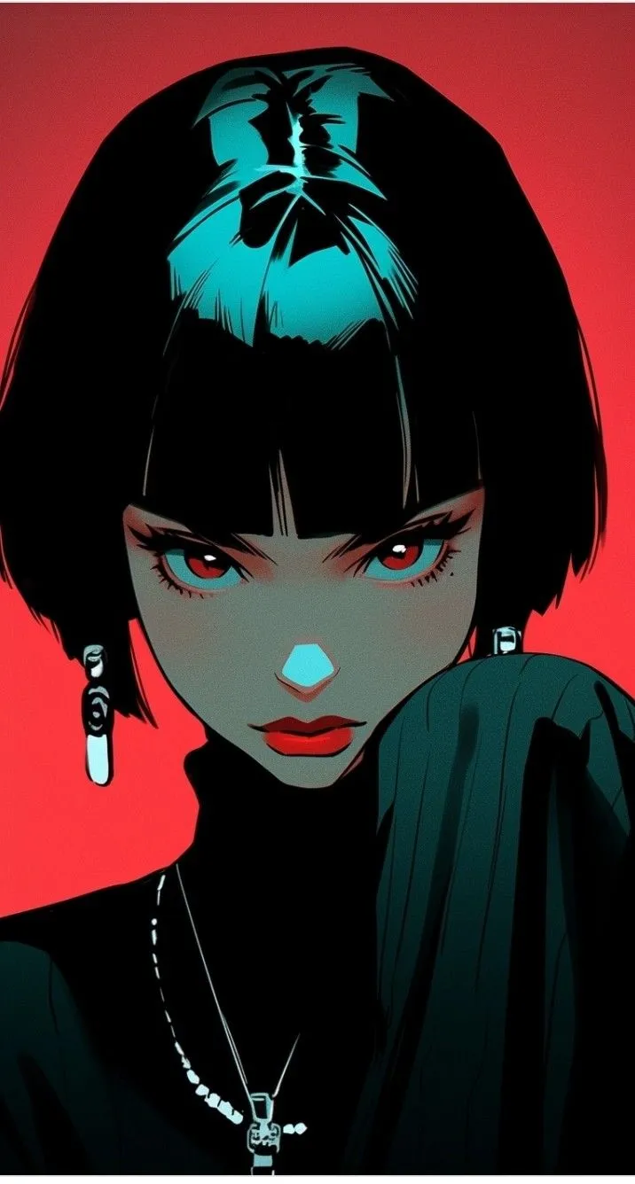 an anime character with black hair and red eyes