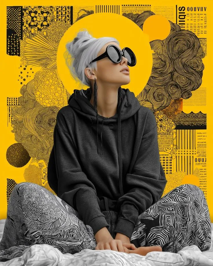 a woman sitting on top of a bed in front of a yellow and black background