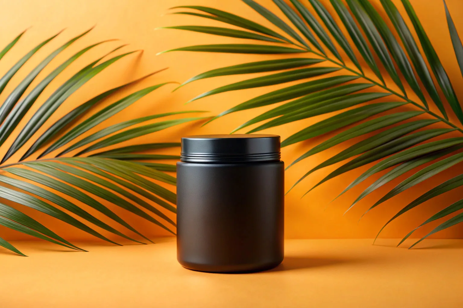 Black Matte Jar with Palm Leaves on Orange Background