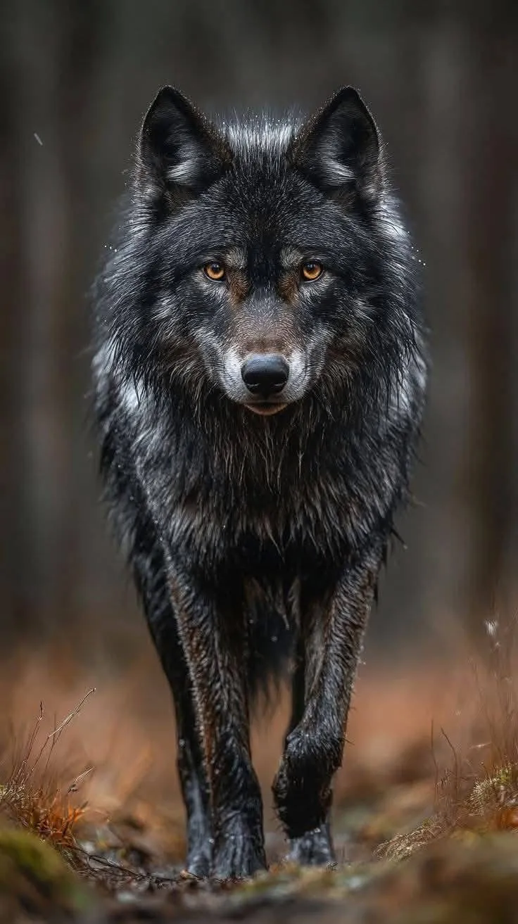 a black wolf walking in the woods with its eyes open and looking at the camera