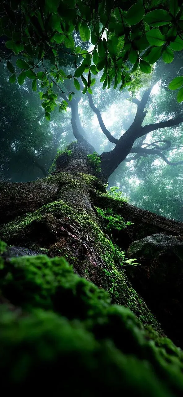 a mossy tree in the middle of a forest with sunlight coming through it's branches
