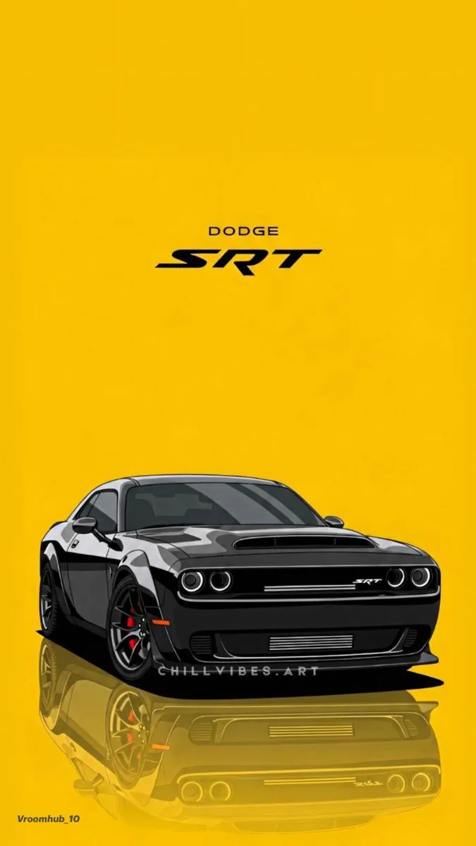the dodge srt car is shown in this minimalist style poster, with an orange background
