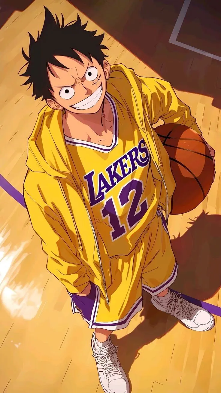 an anime character holding a basketball in his hand on a court with another person behind him