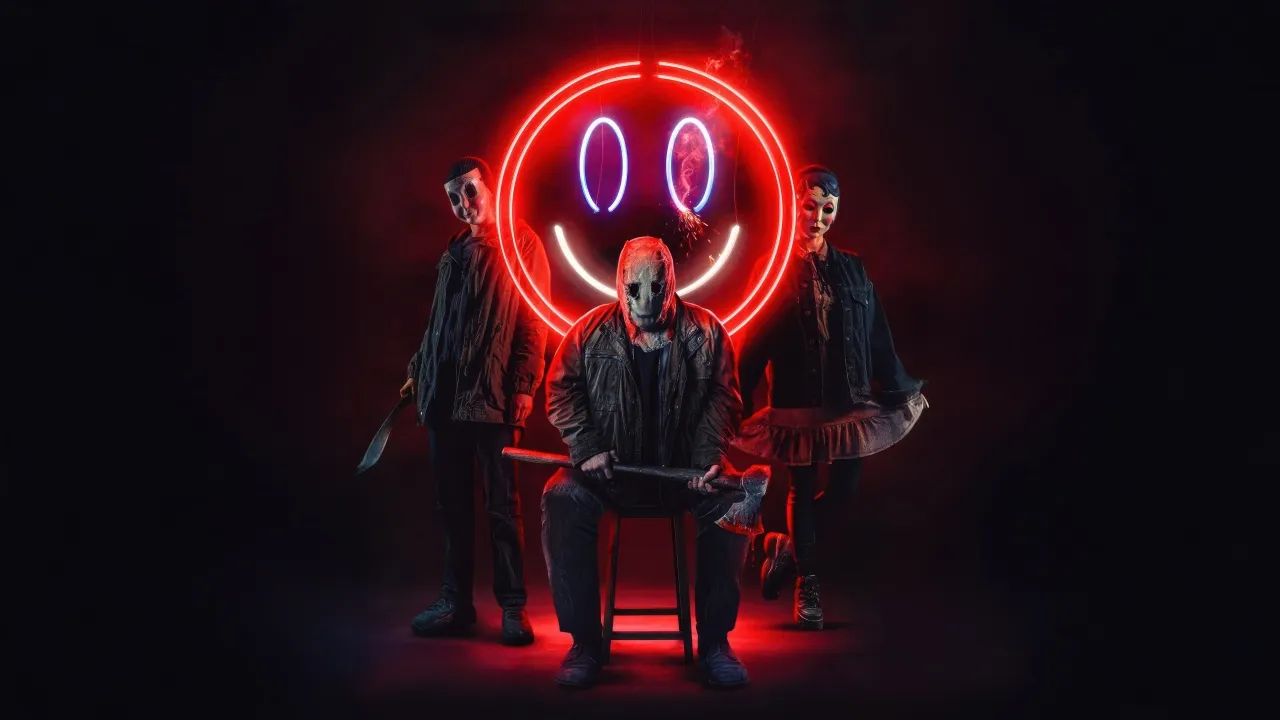 The Strangers: Chapter 2, Neon, Horror Movies, 2025 Movies, Face Mask, Smiley face, Dark red