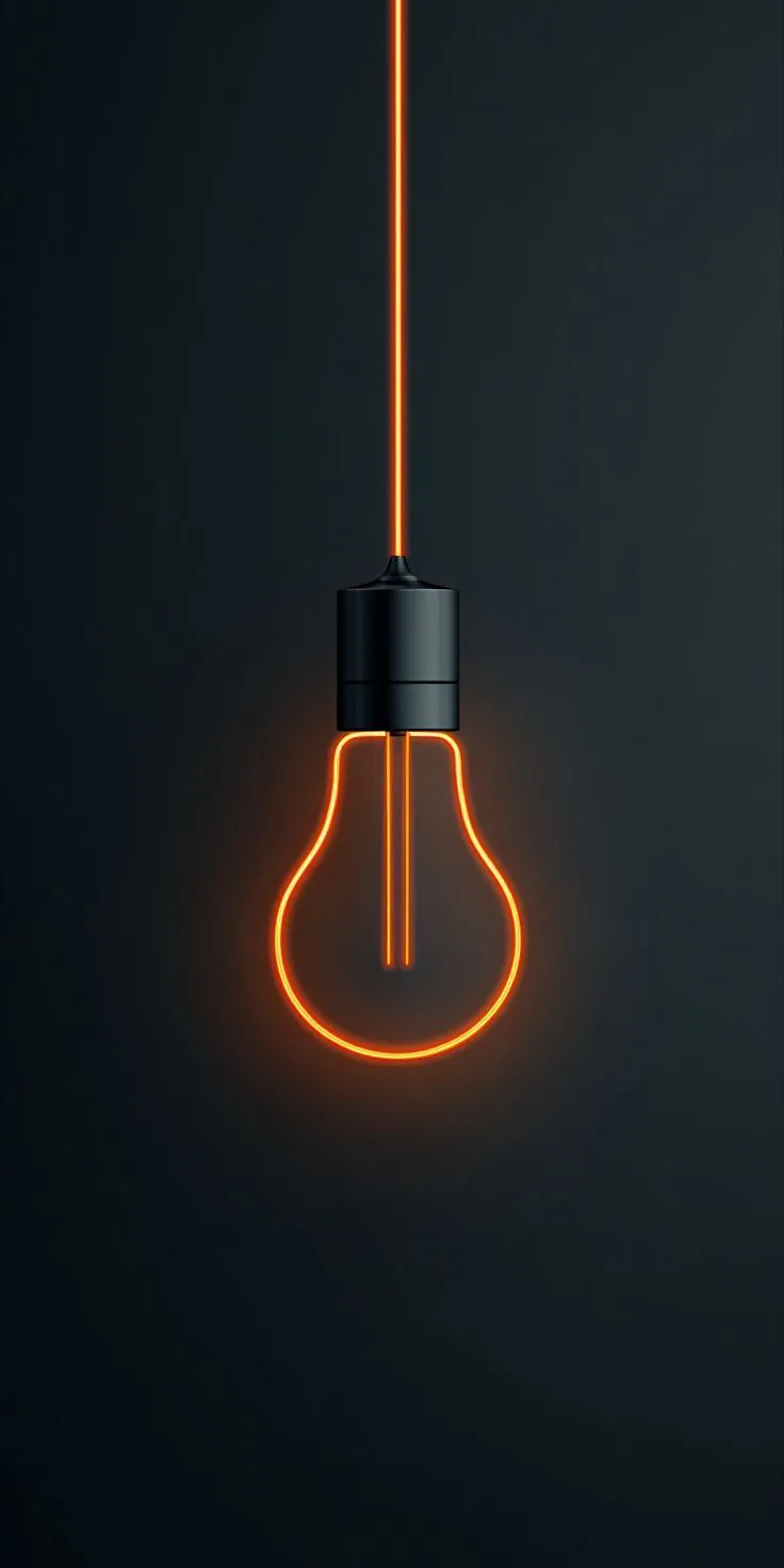 an orange light bulb hanging from the ceiling with neon lights on it's sides