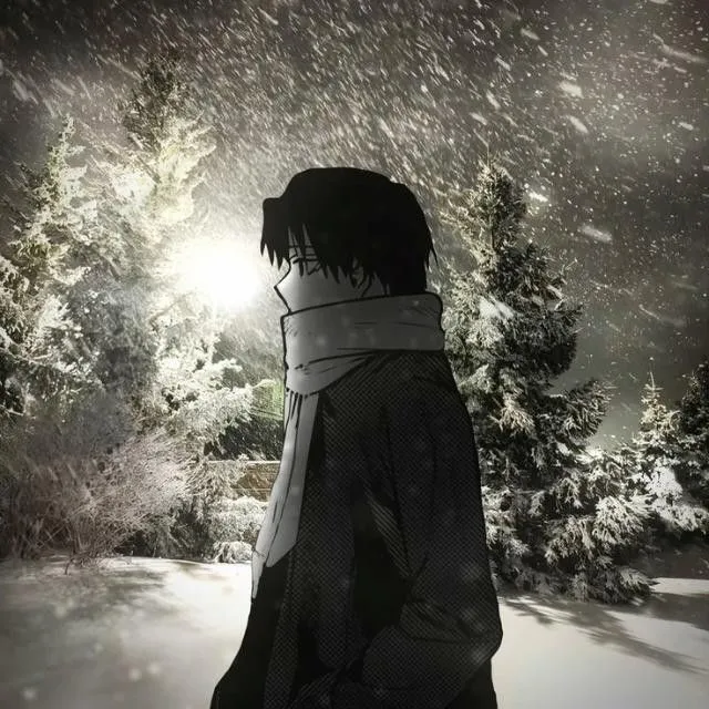 a person standing in the snow at night with trees and lights shining behind them on a snowy day