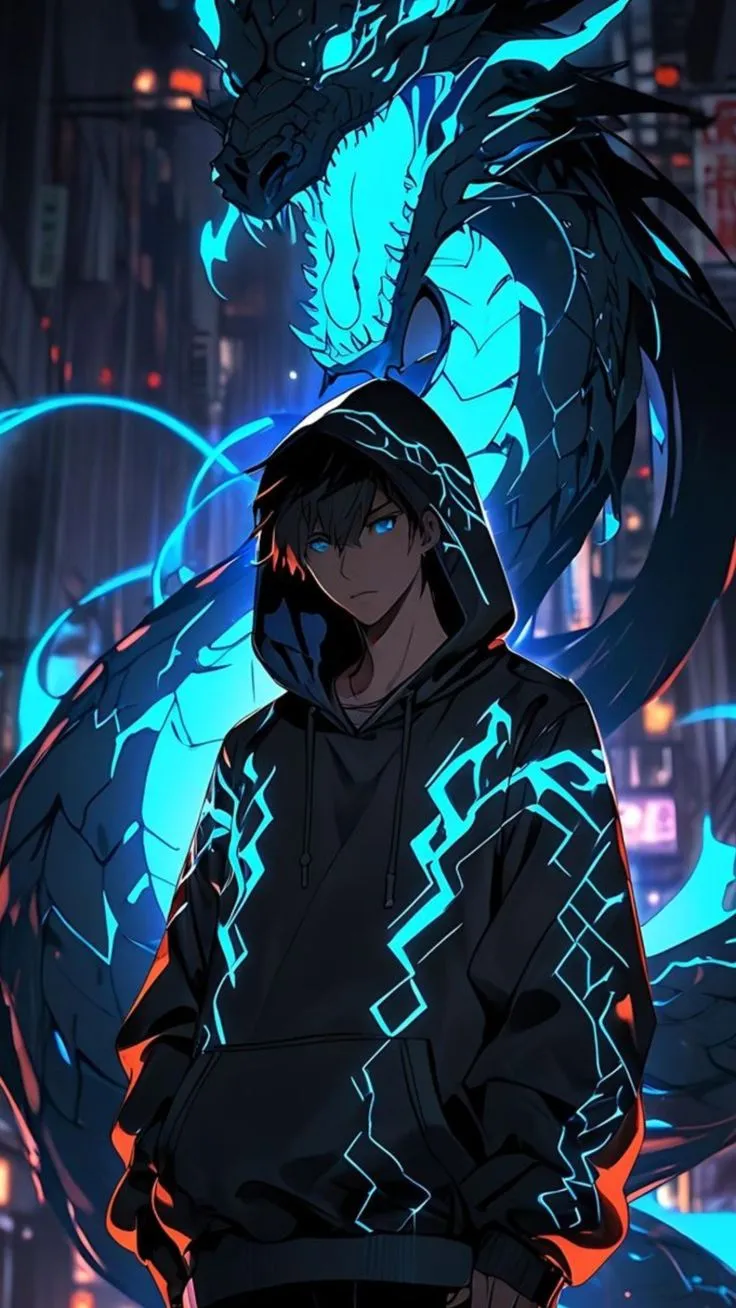 an anime character standing in front of a blue and red dragon with his hands on his hips
