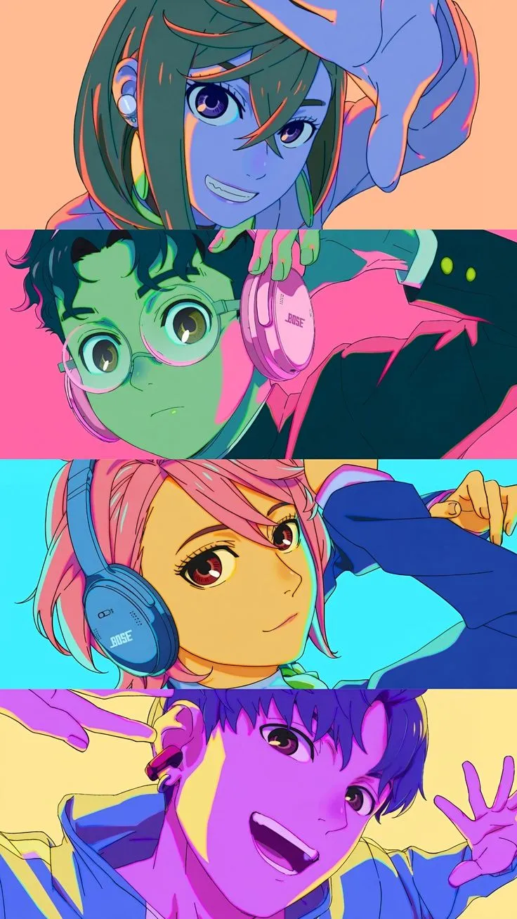 four cartoon characters with headphones on