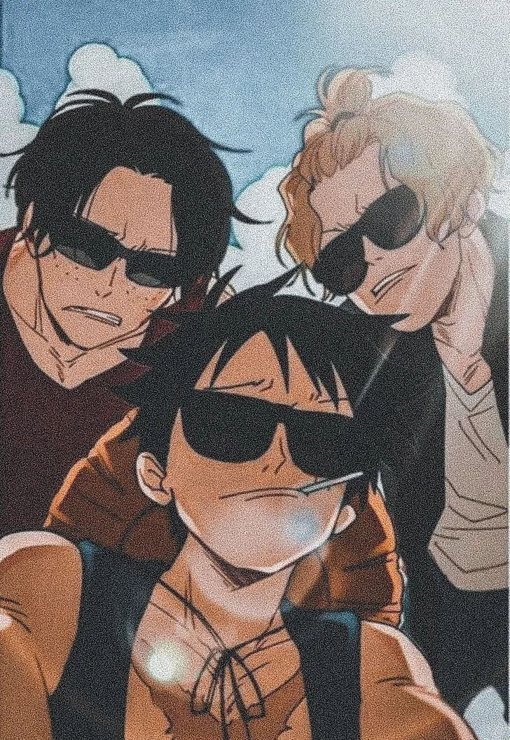 three men with sunglasses are standing together in front of the sky and one has his arm around another man's shoulder