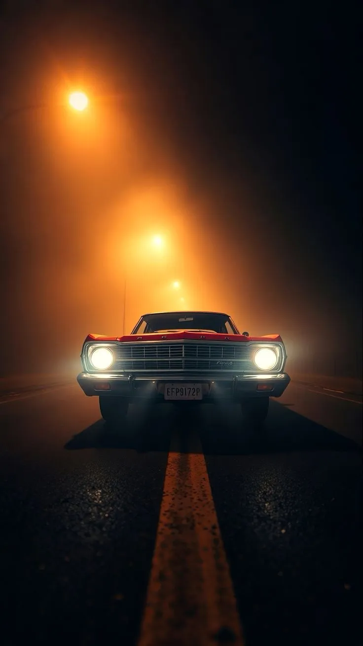 an old car driving down the road at night with fog and streetlights in the background
